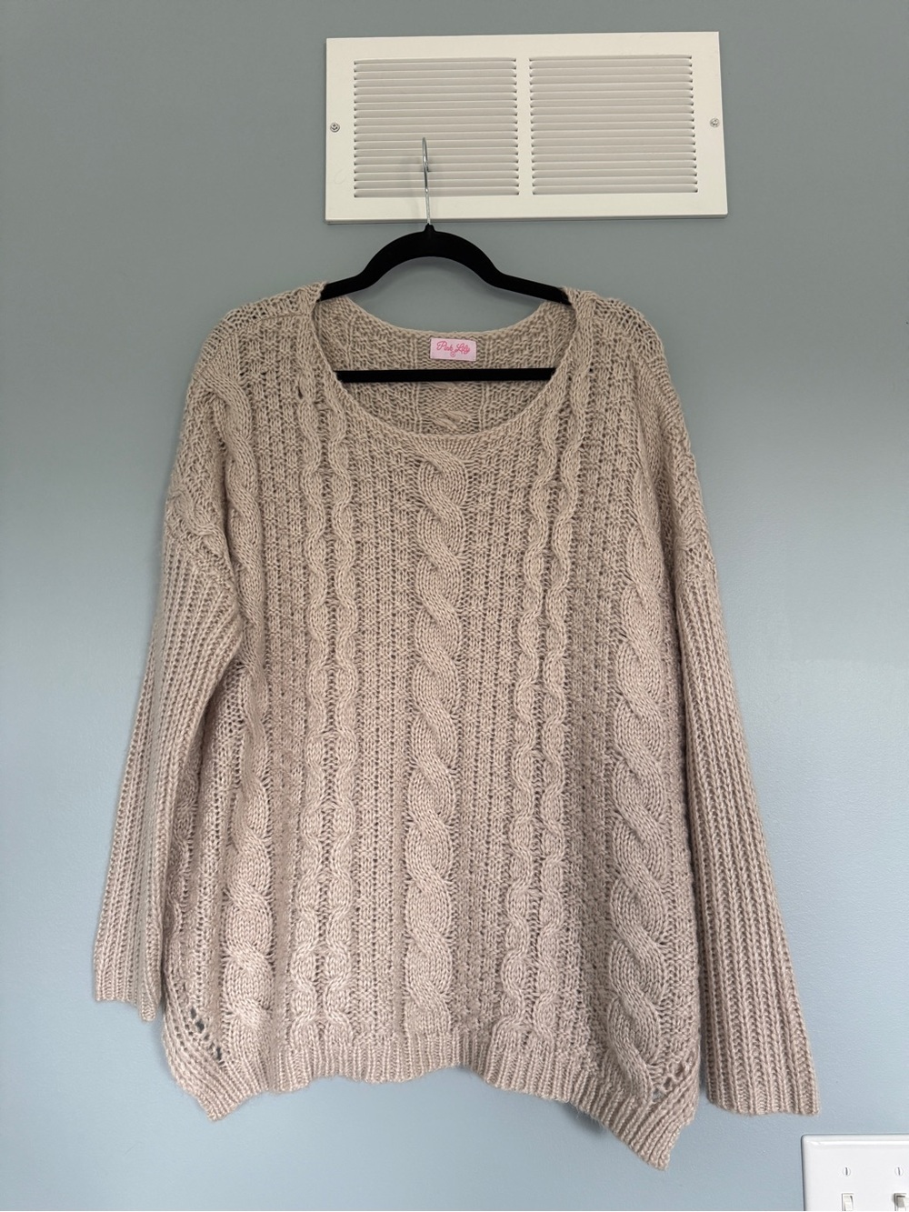 Pink Lily Taupe Cable Knit Scoop Neck Sweater